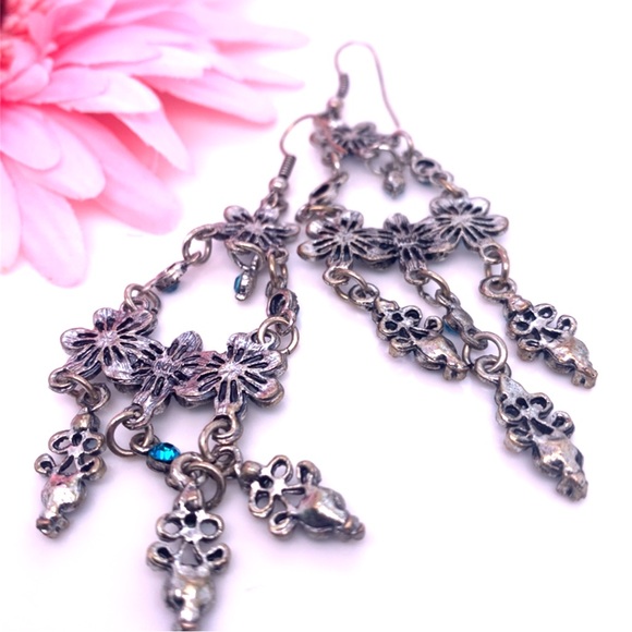 Blue Rhinestones Floral Dangle Earrings 3.5” - Picture 6 of 7